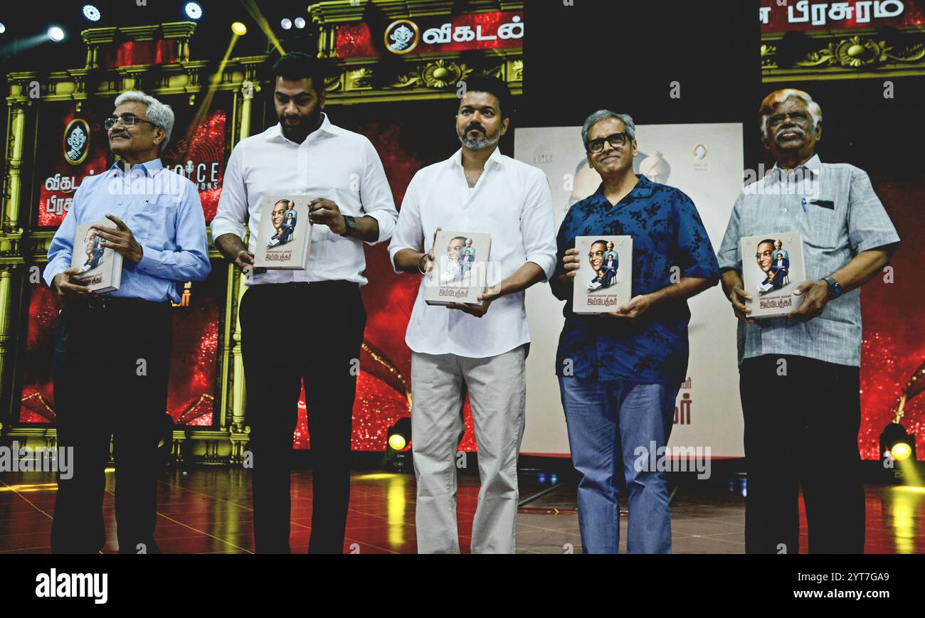 040100000,01026002,11000000 Renowned Actor of the Tamil Nadu & TVK Party leader Vijay released a book on Ambedkar, titled Ellorukkumana Thalaivar Ambedkar Viz. Ambedkar the leader for all Compiled by VCK party Dy. General Secretary Adhav Arjuna. The first copy of the book being handed over to the Grand son of Dr B R Ambedkar. Actor Vijay, Chandru Madras High Court Former Judge, VCK Dy GS Ahava Arjuna BR Ambdkar relatives were present during the book release function Chennai India Copyright: xSeshadrixSukumarx Stock Photo