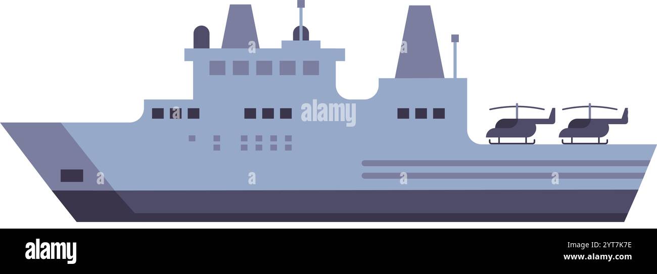 Modern warship carrying two helicopters represents naval power and military readiness, featuring a sleek and minimalist flat design that emphasizes st Stock Vector