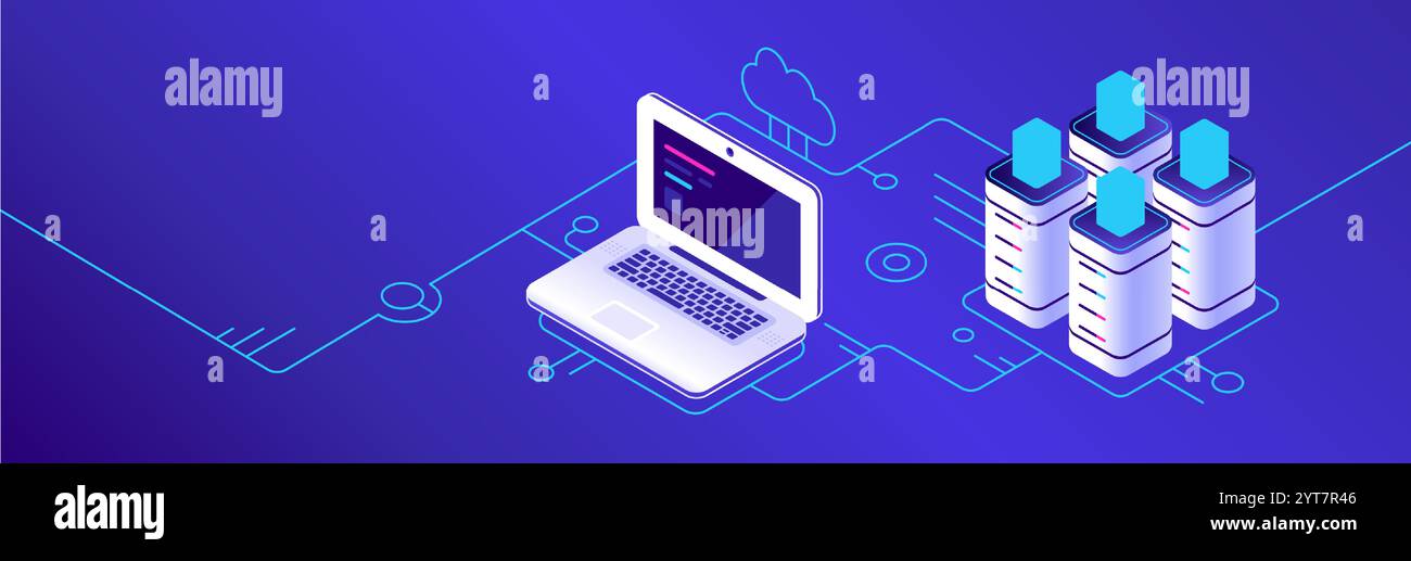 Isometric vector illustration representing cloud computing, with laptop connecting to server and cloud, ideal for technology and internet concepts Stock Vector