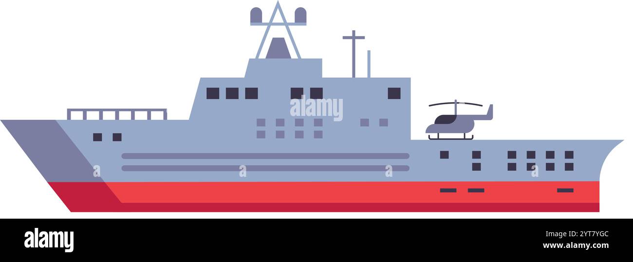 Modern warship sailing across ocean waters, featuring a helicopter stationed on deck, symbolizing naval power, maritime security, and military Stock Vector