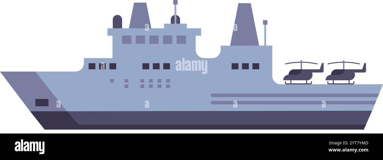Modern warship carrying two helicopters represents naval power and military readiness, featuring a sleek and minimalist flat design that emphasizes Stock Vector
