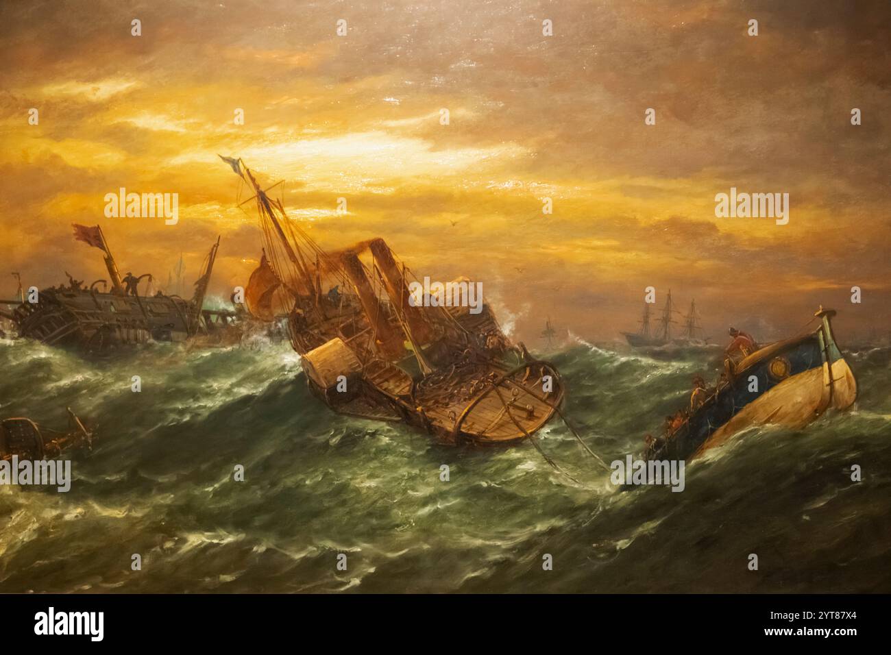 Mid 19th Century Oil on Canvas of a Ship in Distress Under Tow by a Tug Mid 19th Century Oil on Canvas of a Ship in Distress Under Tow by a Tug