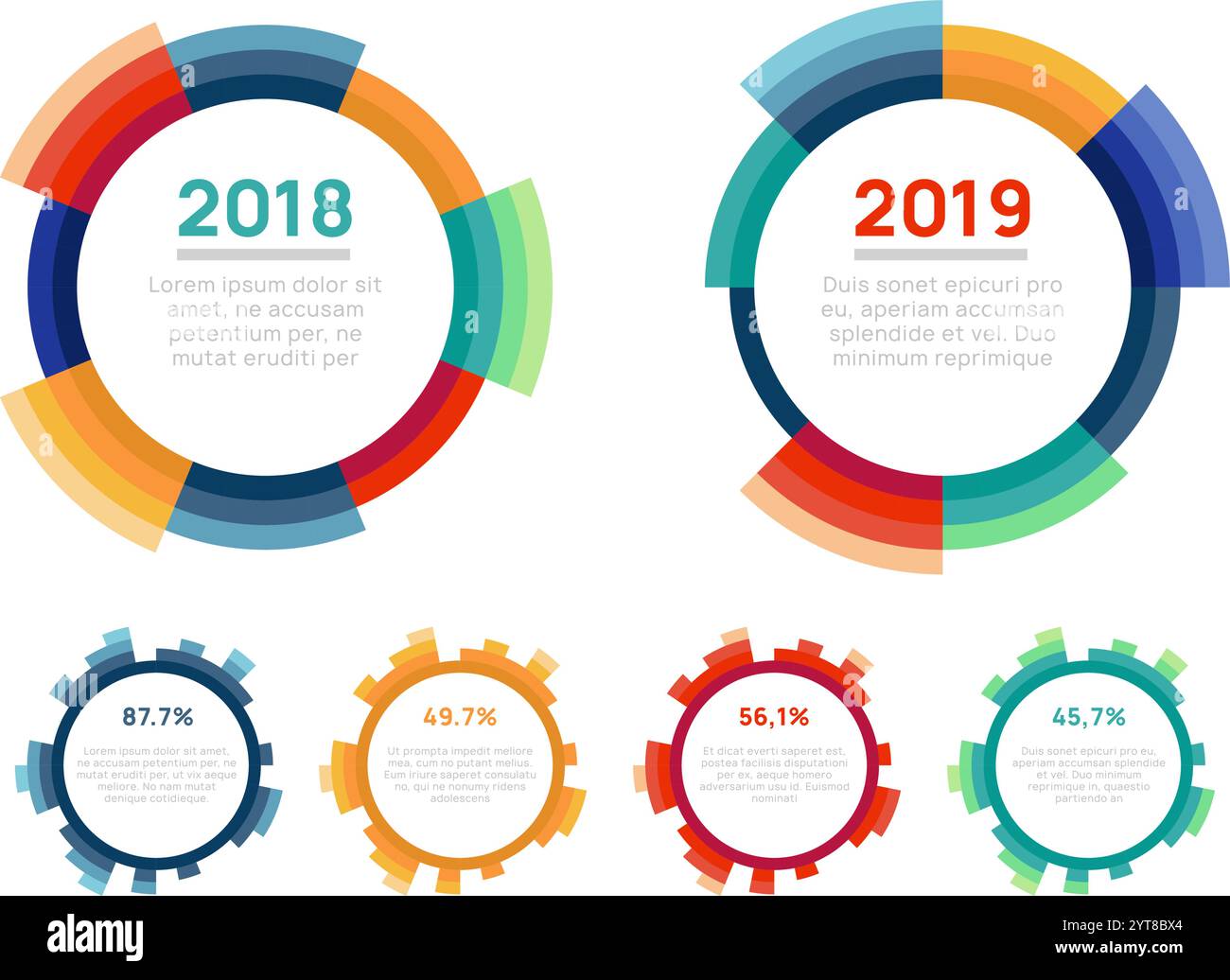 Circular infographic charts comparing data from 2018 and 2019 ...