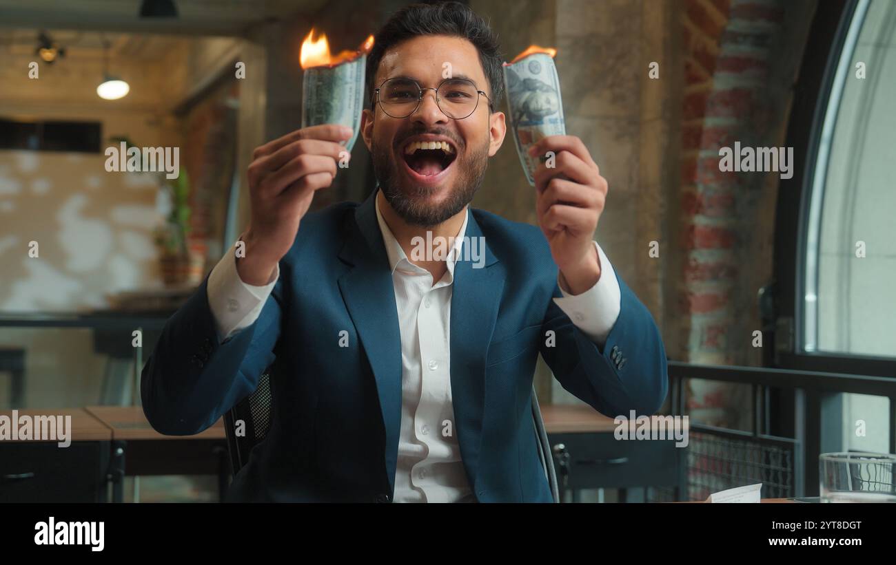 Happy male Arabian Indian business man crazy mad laughing guy joyful ...