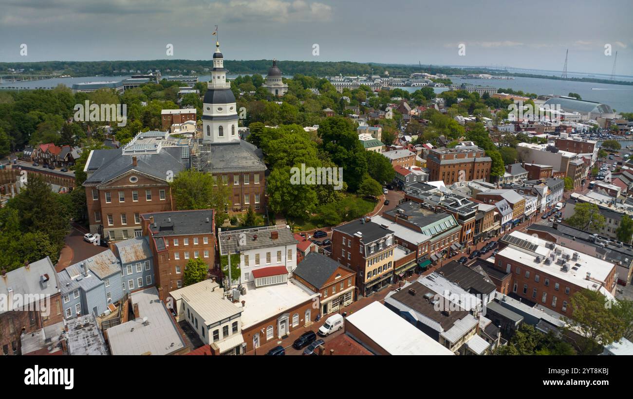 APRIL 27, 2023, ANNAPOLIS, MD., USA - aerial view of Annapolis State Capitol of Maryland with US Naval Academy in background on Chesepeake River Stock Photo