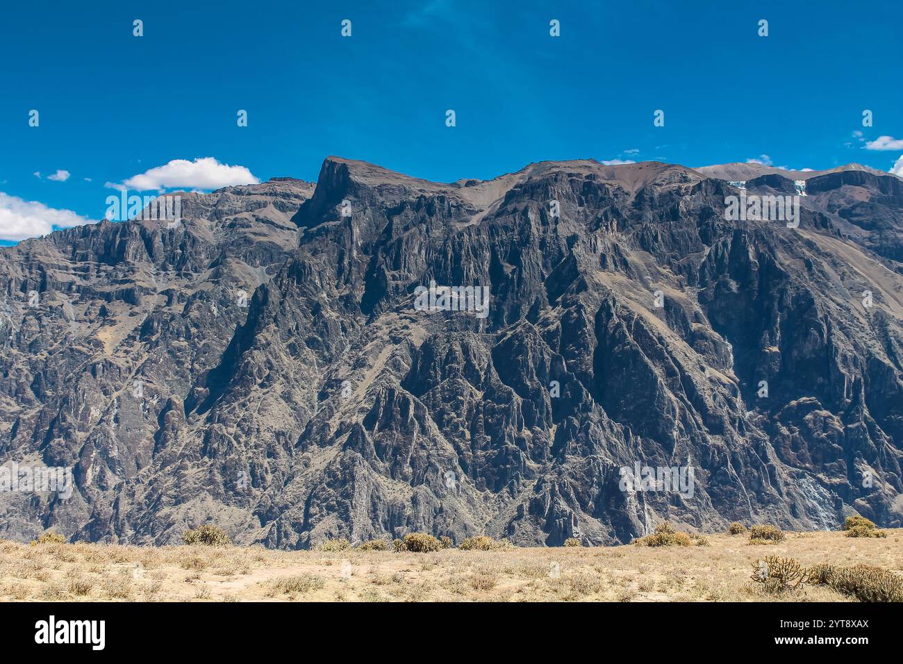 Colca canyon in Peru. Rock formations and green terraces in the Andes ...