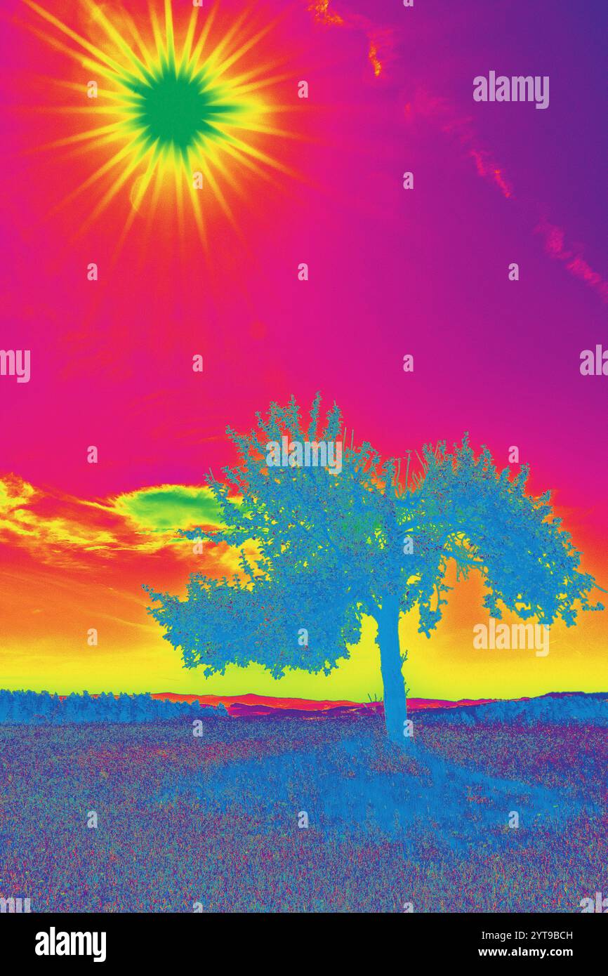 Pop Art - Sunbeams over the blue tree Stock Photo