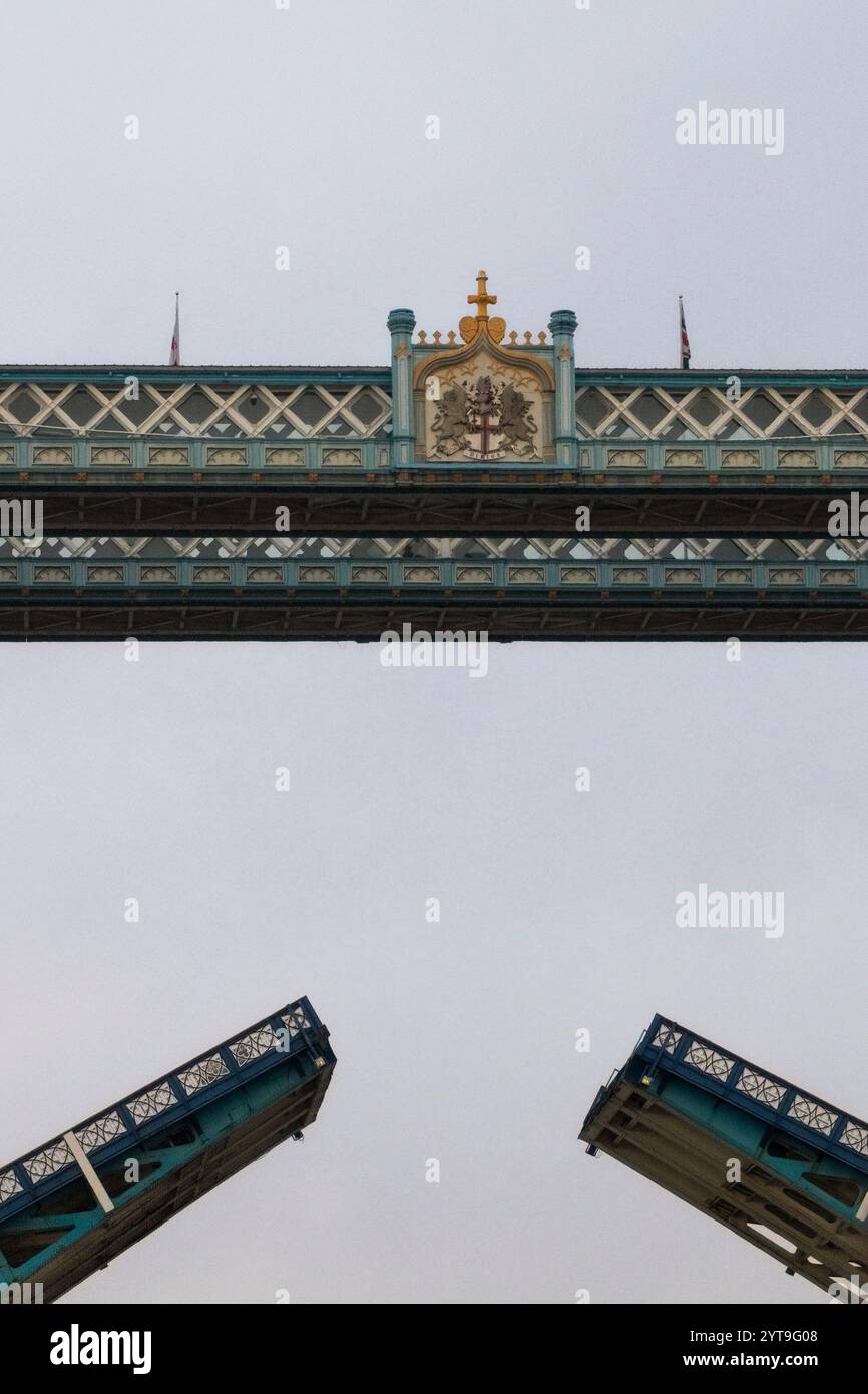 Tower Bridge (London - opened 1894) with the road section in the raised ...