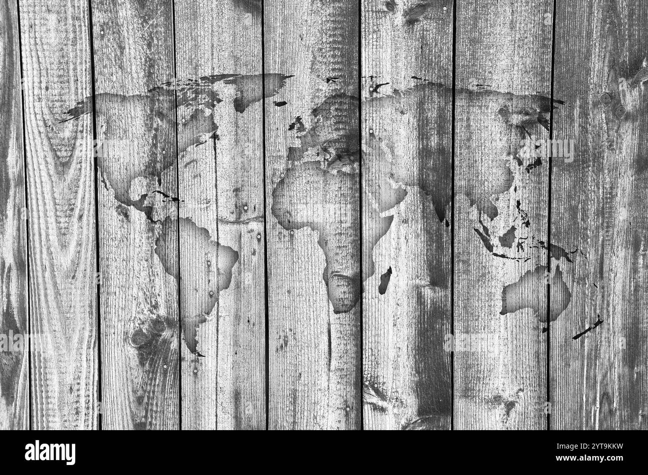Map of wood hi res stock photography - World Map On Weathered Wood 2YT9KKW 