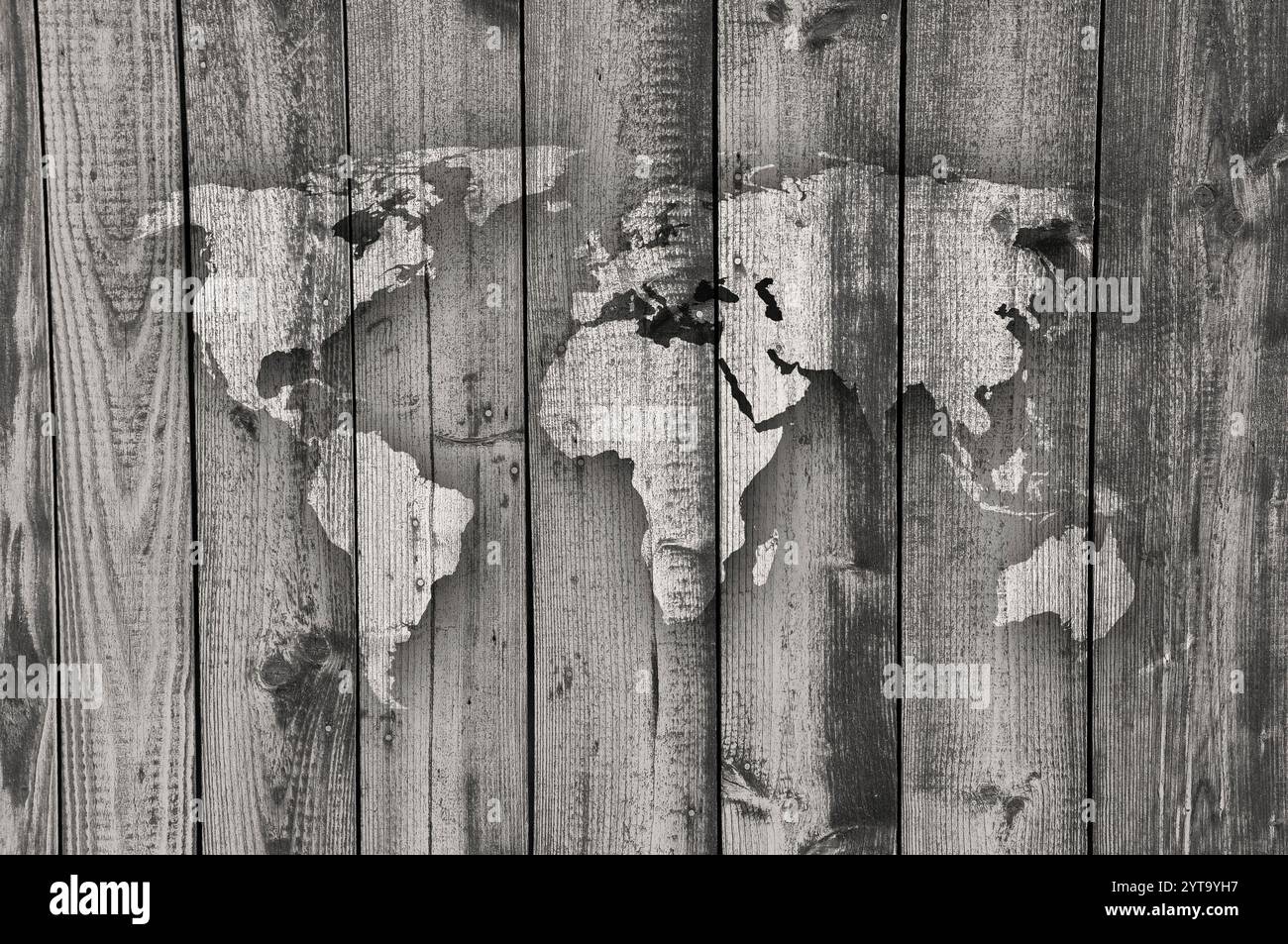 Map of wood hi res stock photography - World Map On Weathered Wood 2YT9YH7 