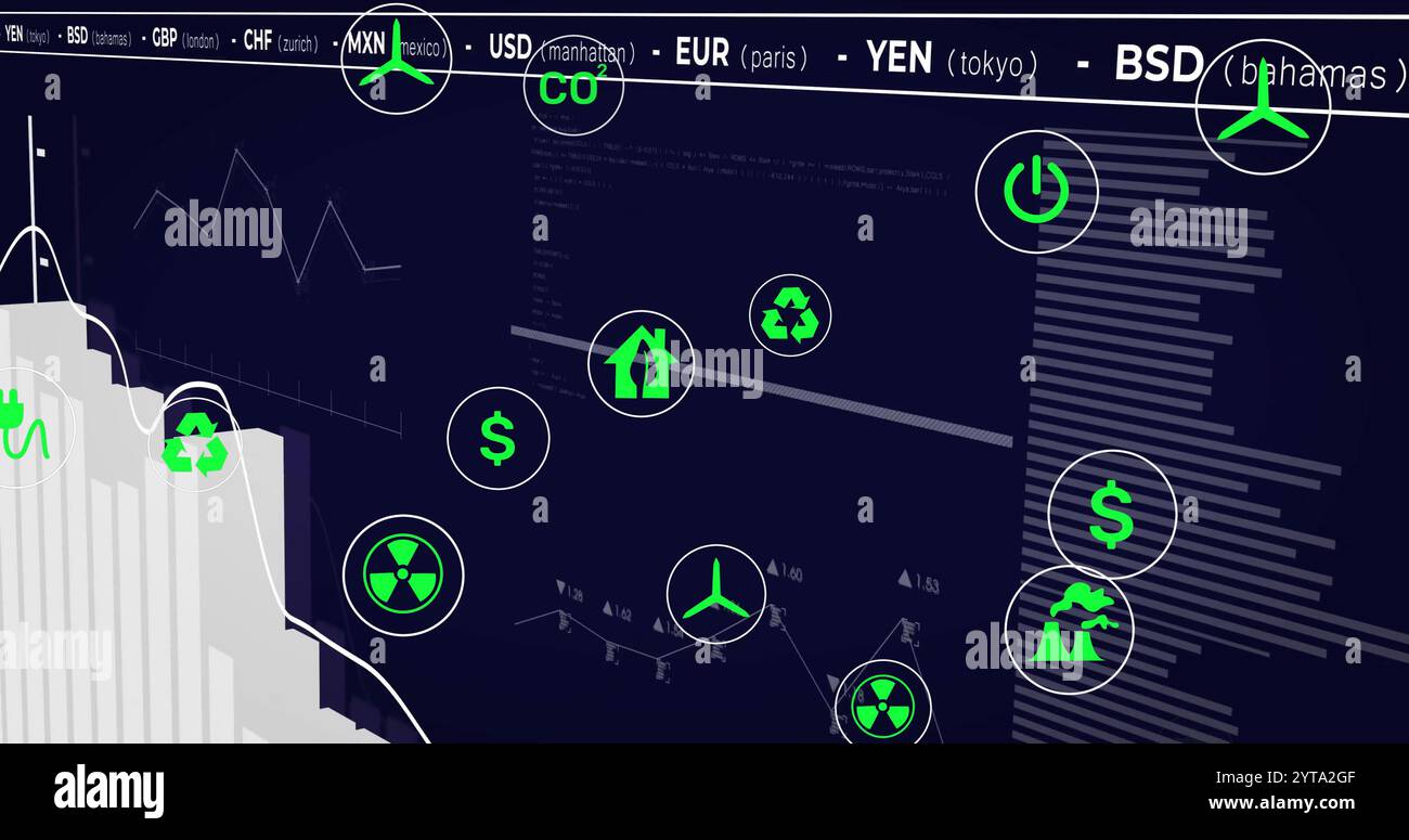 Image of network of eco icons and data processing Stock Photo