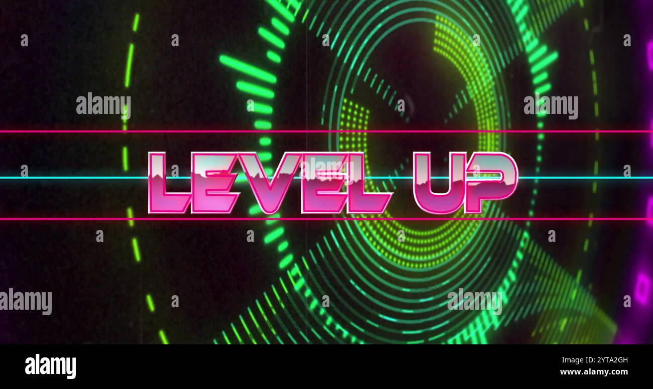 Level up text image over neon geometric shapes and sound waves Stock ...