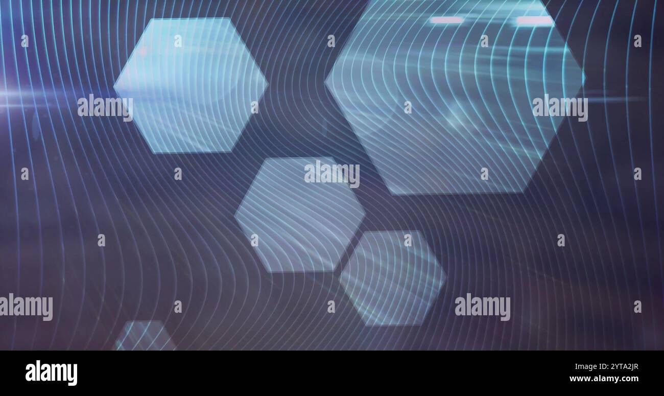 Hexagonal shapes and wavy lines image over abstract blue background Stock Photo
