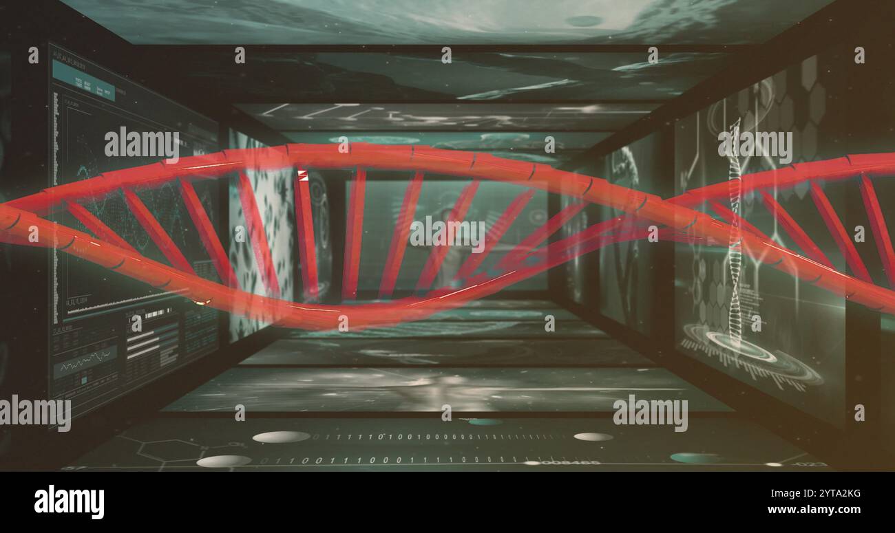 Red DNA strand image over scientific data and holographic images in ...