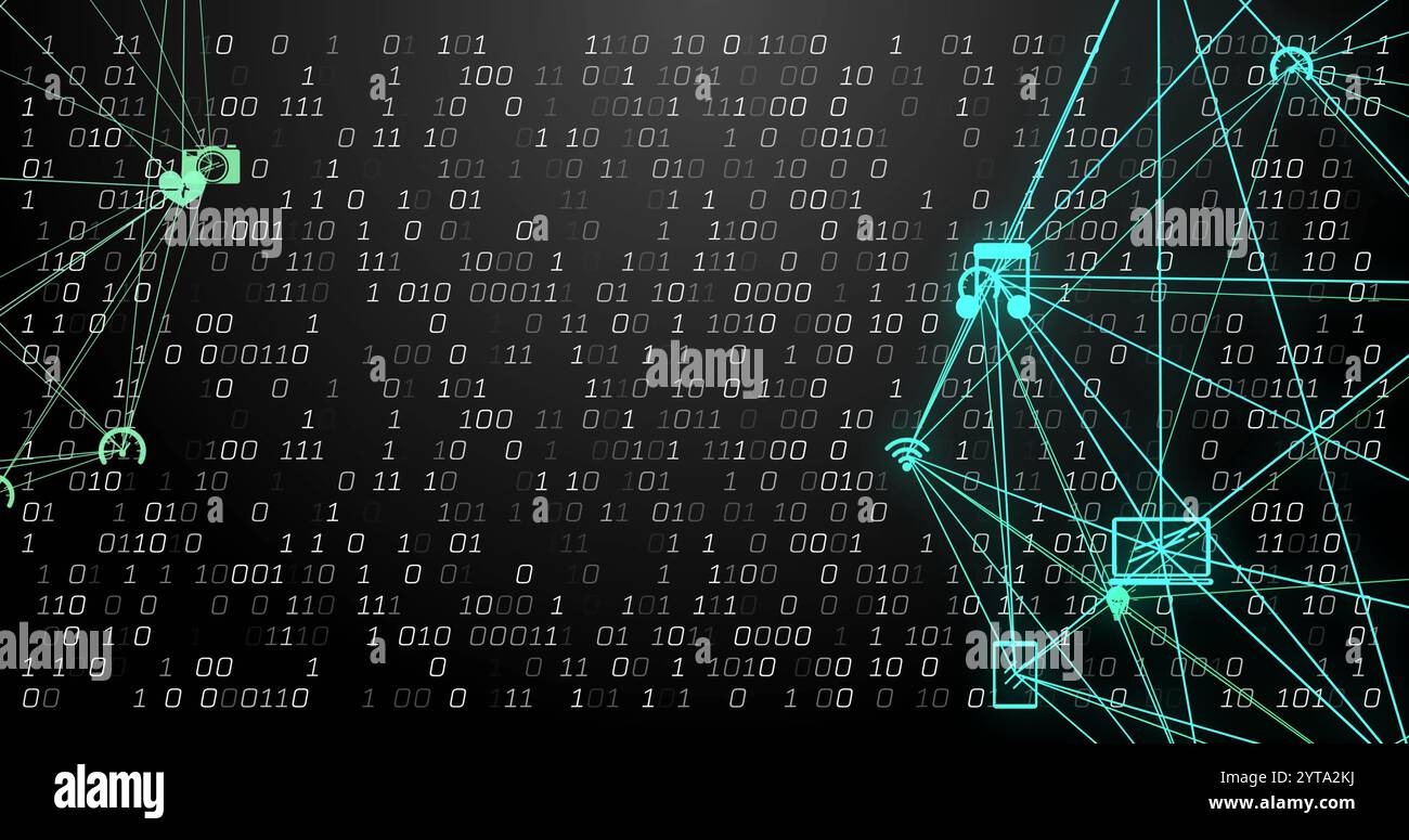 Binary code and network connections image over dark background ...