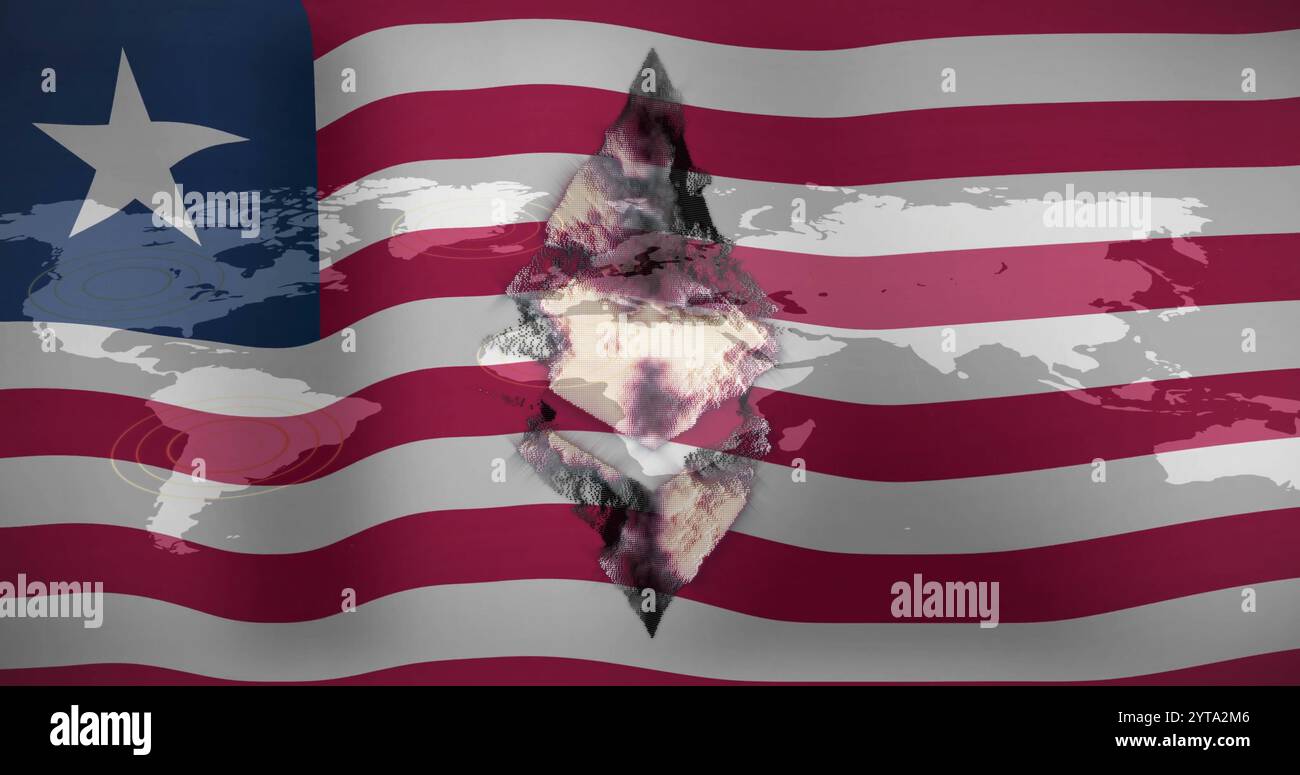 World map and diamond shape image over waving American flag. Patriotism ...