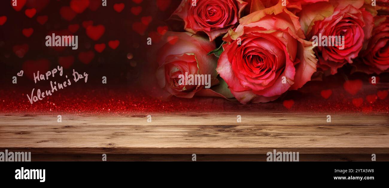 Panoramic background with red roses and hearts for a valentines day ...