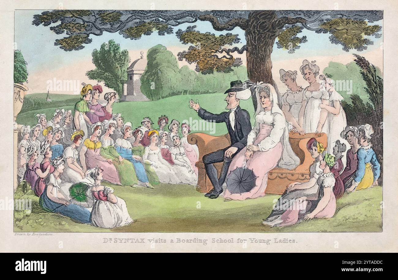 A print coloured engraving of Dr Syntax visits a boarding school for ...