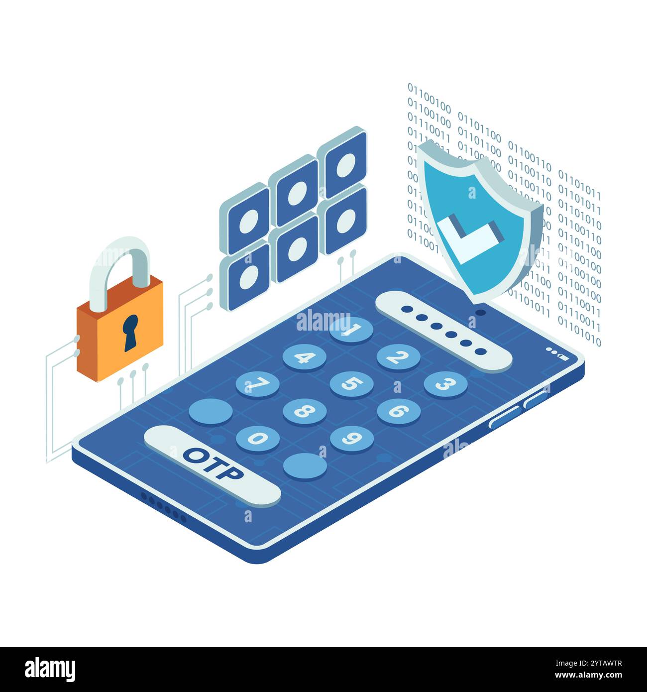 Isometric Smartphone with OTP Security and Digital Encryption. OTP One Time Password Security Concept Stock Vector