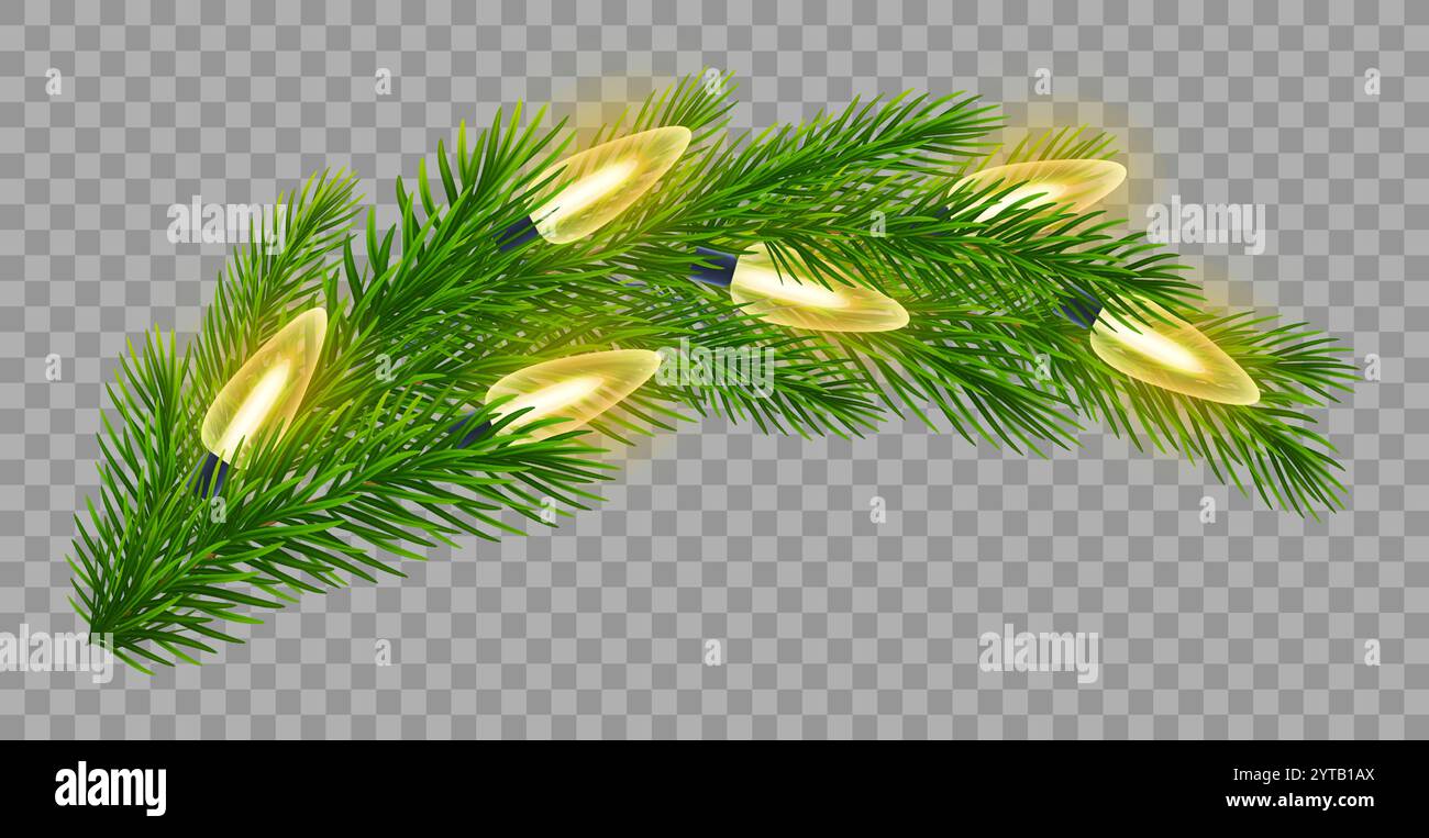 Christmas garland on realistic lush green fir branches on transparent ...