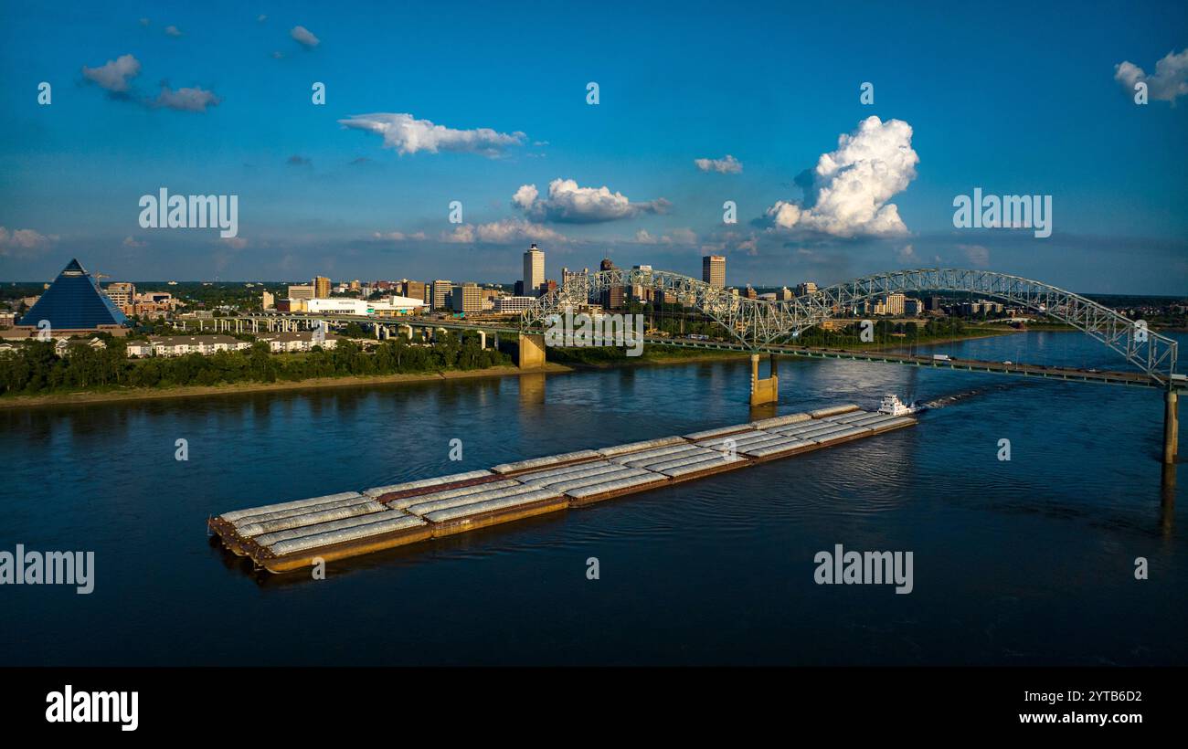 JULY 6, 2023 - MEMPHIS, TN, USA -river barge under Hernando De Soto