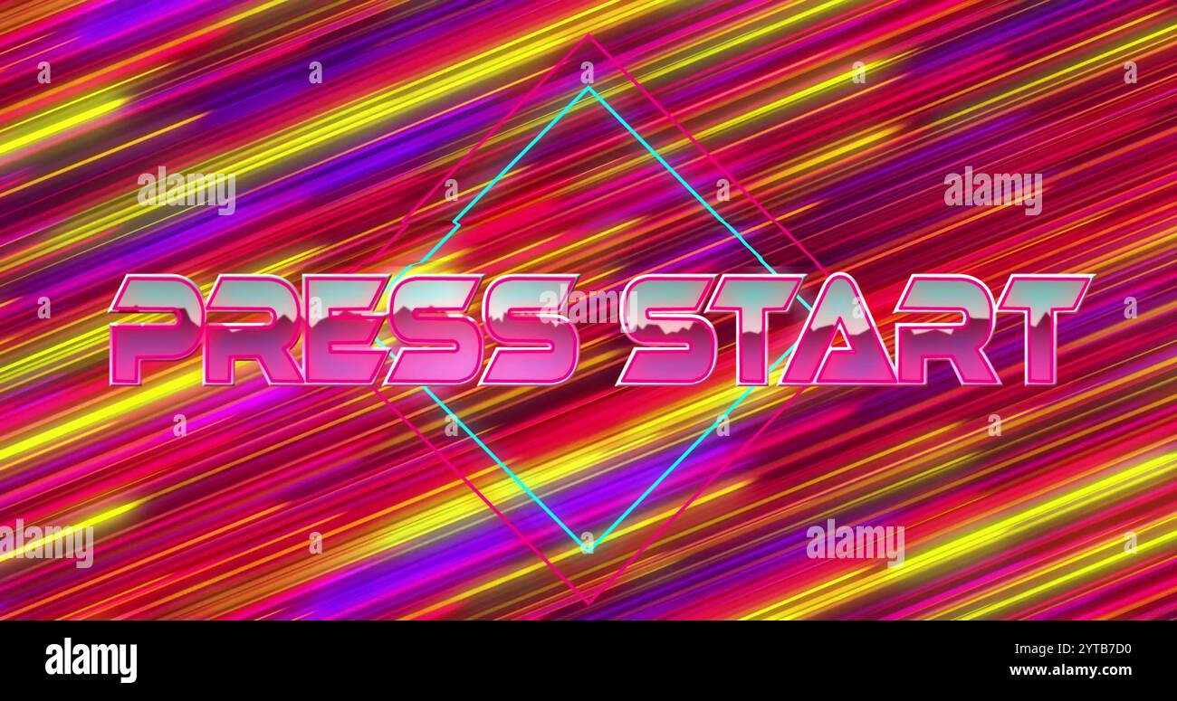 Image of press start text over neon pattern background Stock Photo