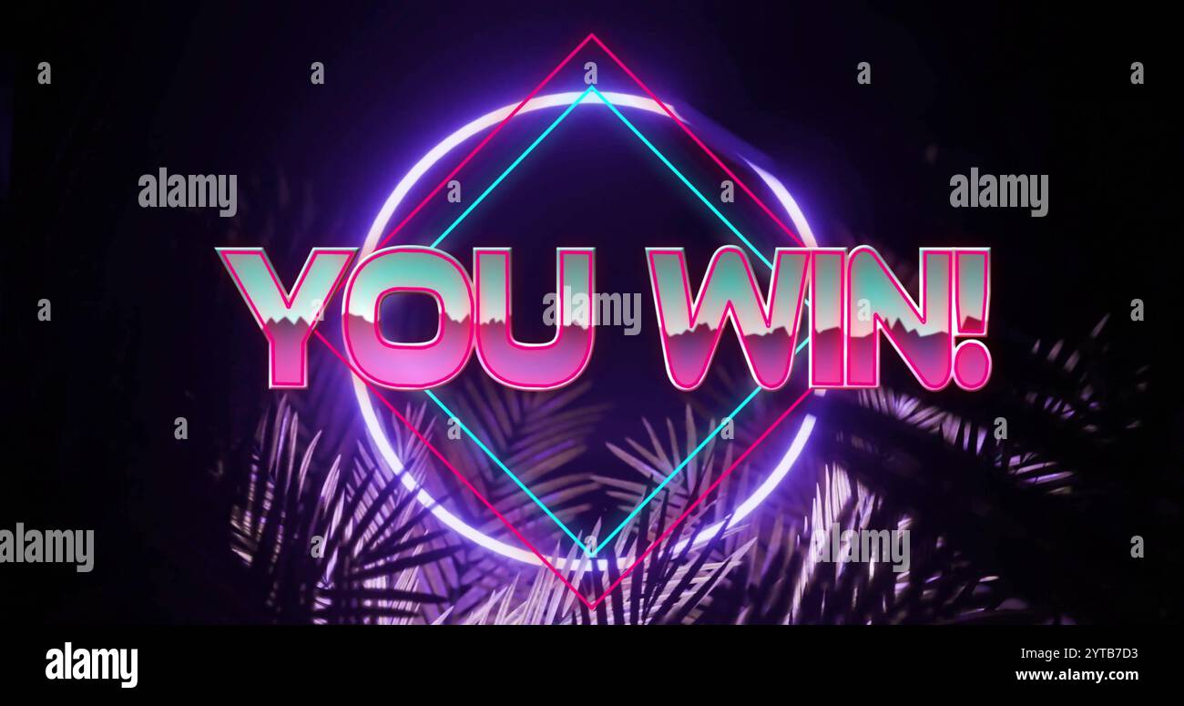 Image of you win text over neon pattern background Stock Photo