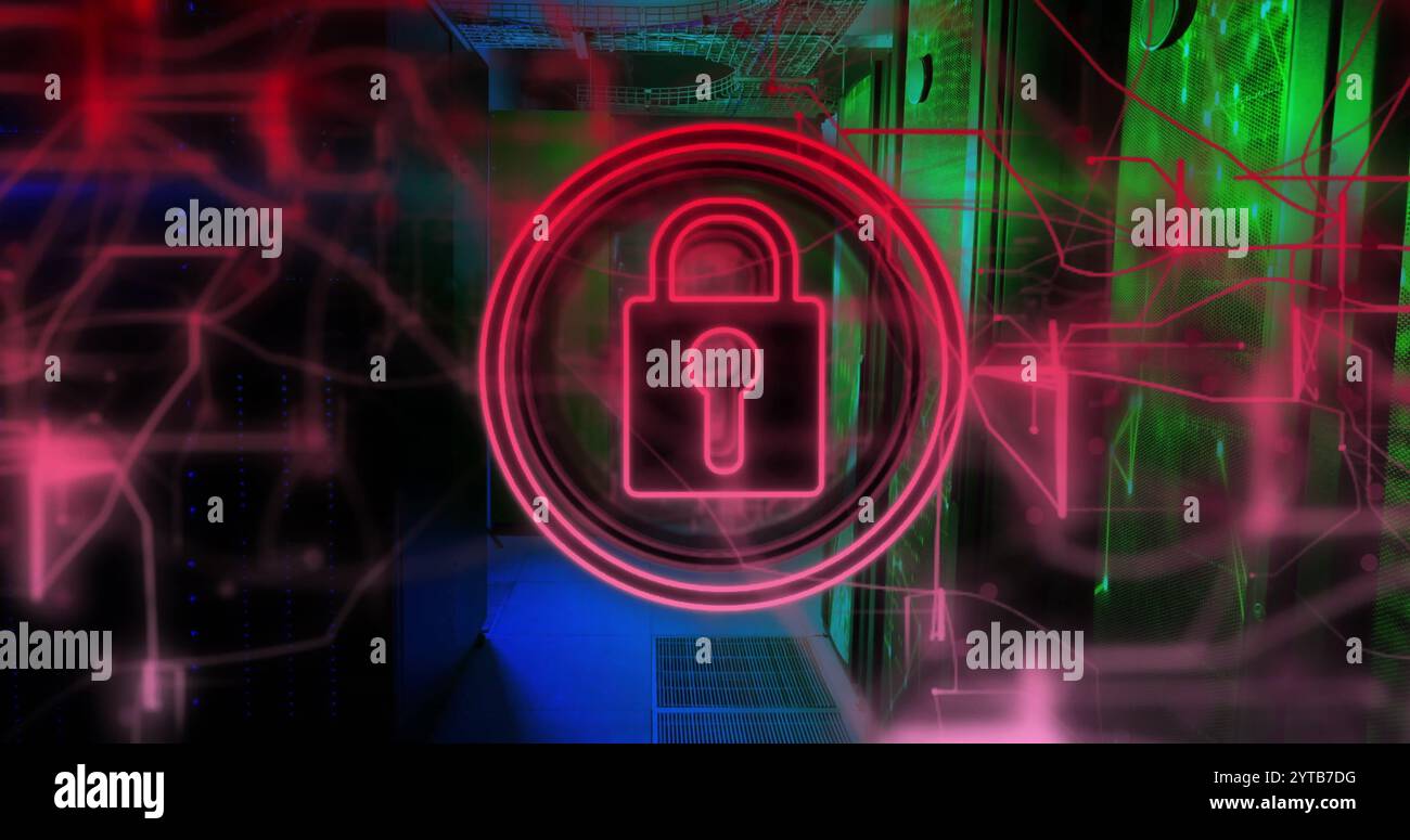 Image of padlock icon over server room Stock Photo