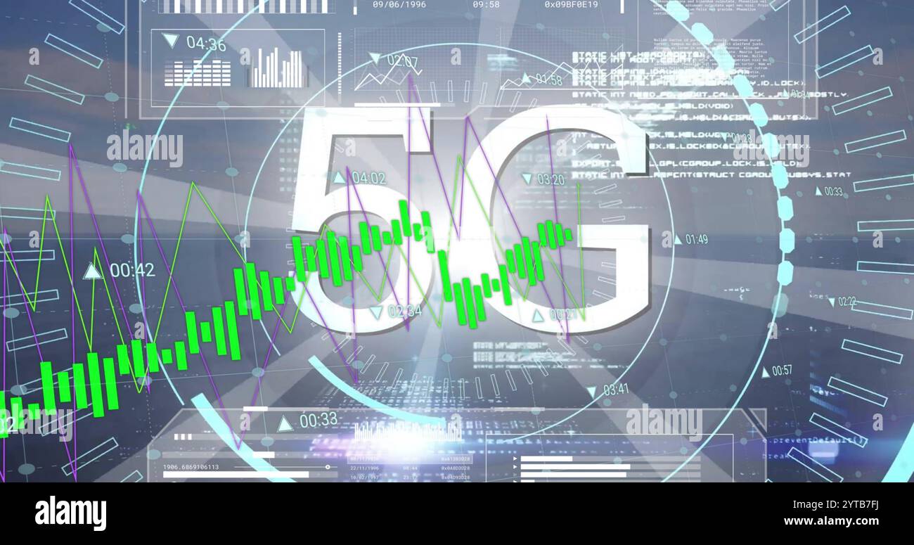 Image of 5g text, financial data processing over grid and dark background Stock Photo