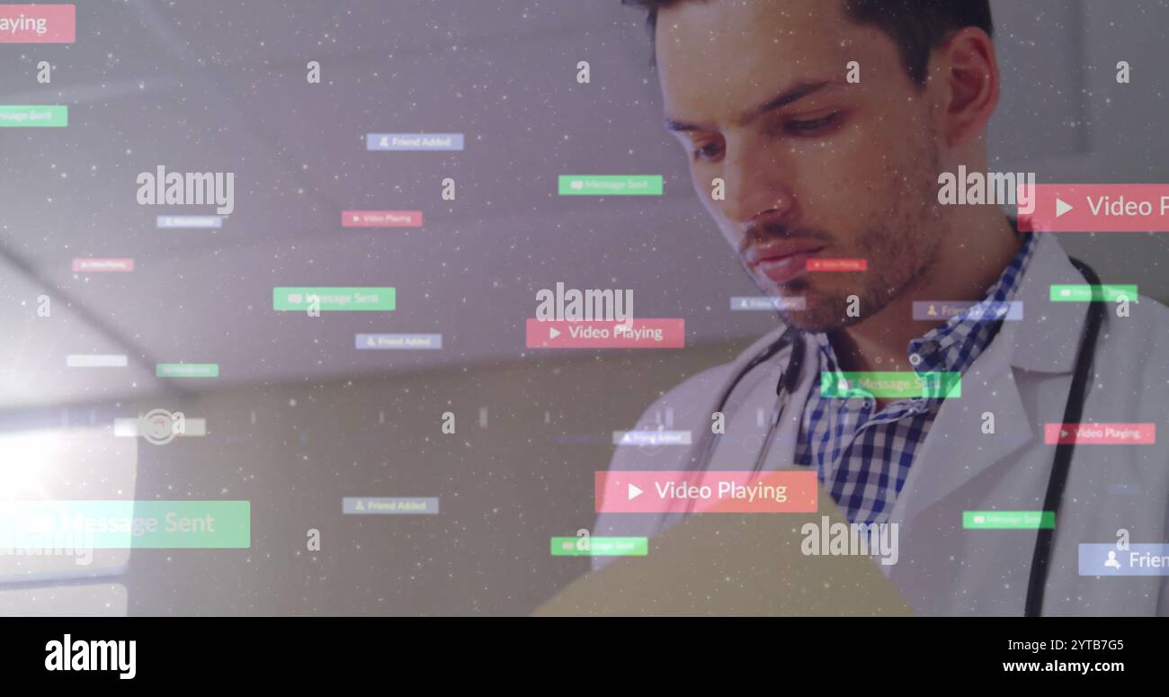 Medical professional working with data processing image overlaid with image Playing text Stock Photo