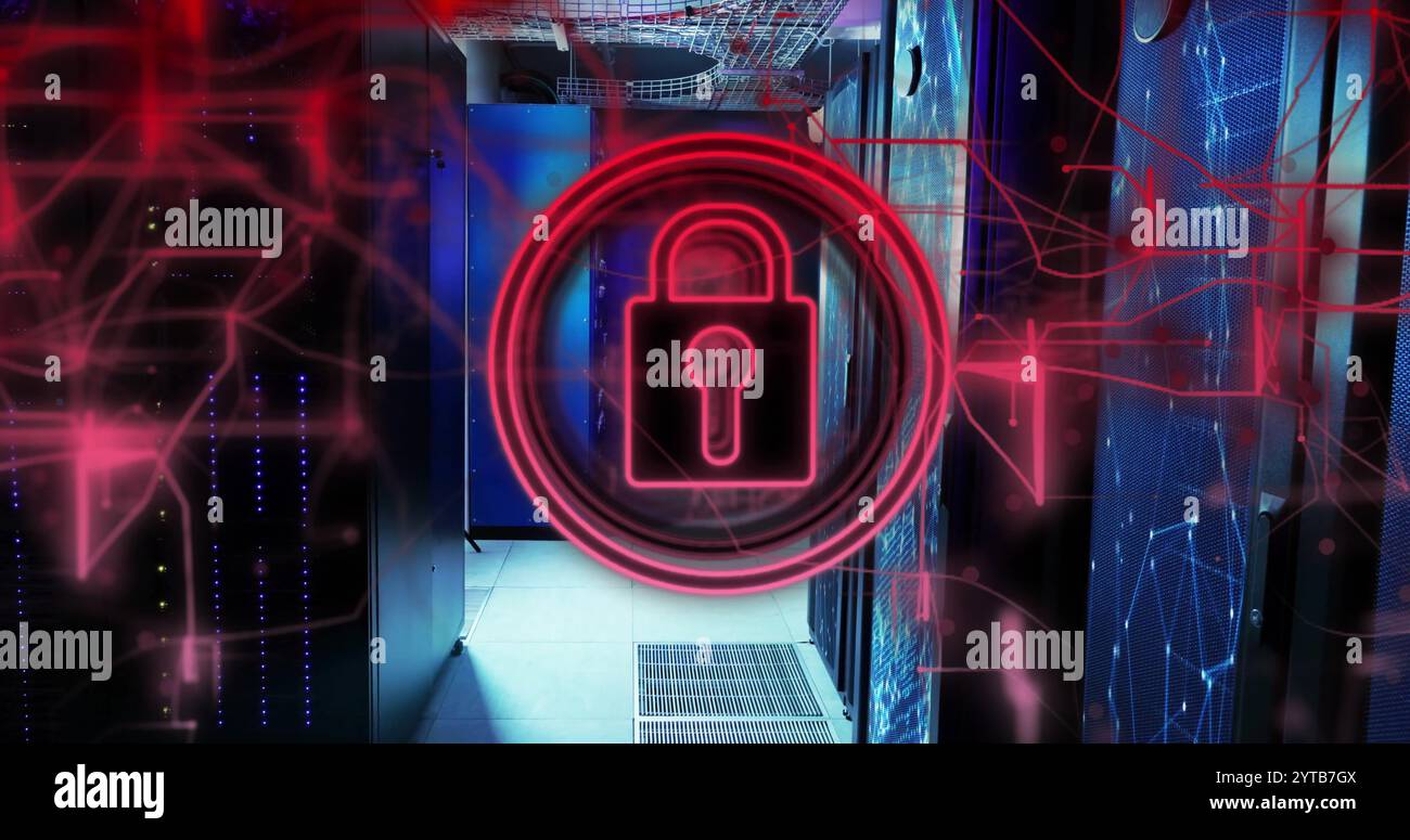 Image of padlock icon over server room Stock Photo