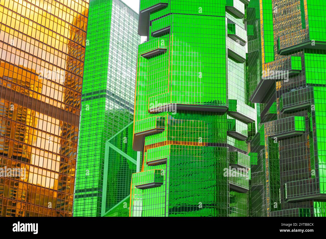 Glass frames and stylistic figures in shimmering gradients, abstract reflections of mirrors in prism of refractions of buildings, intricate interweavi Stock Photo