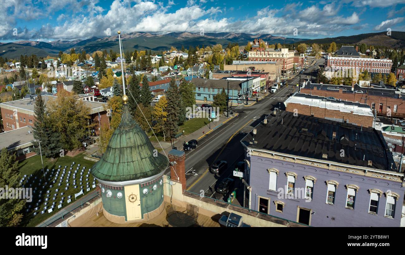 OCTOBER 2, 2023 - LEADVILLE, CO. - aerial view down Main Street