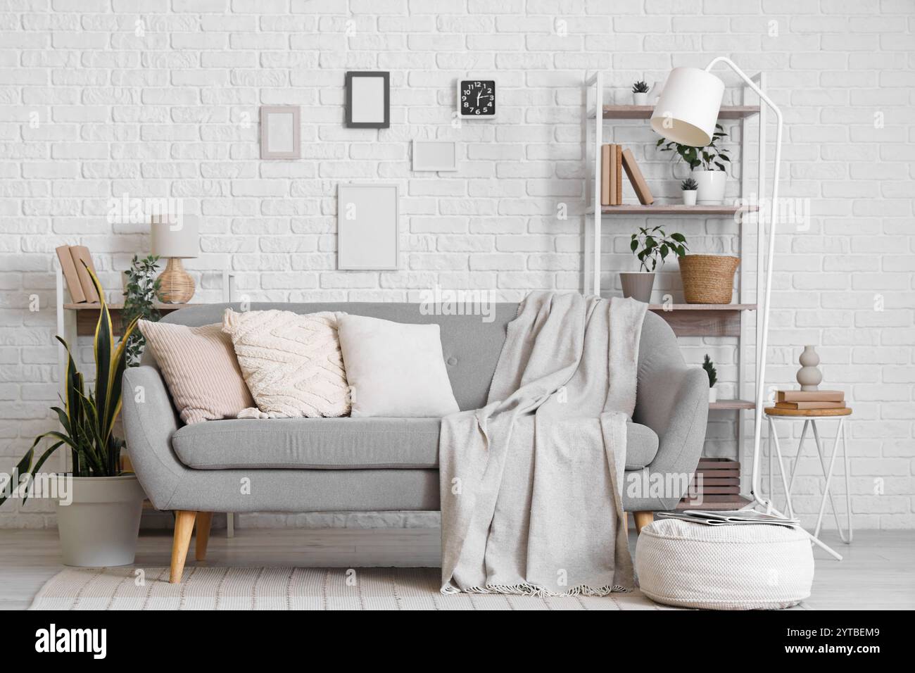 Interior of stylish modern living room with grey sofa and shelving unit ...