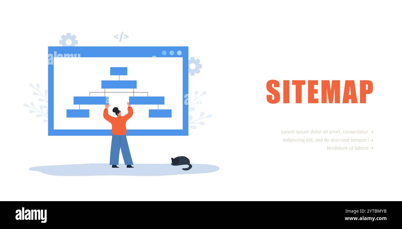 Sitemap Creation concept. Female Developer optimization site structure. Website navigation for the user. Vector illustration Stock Vector