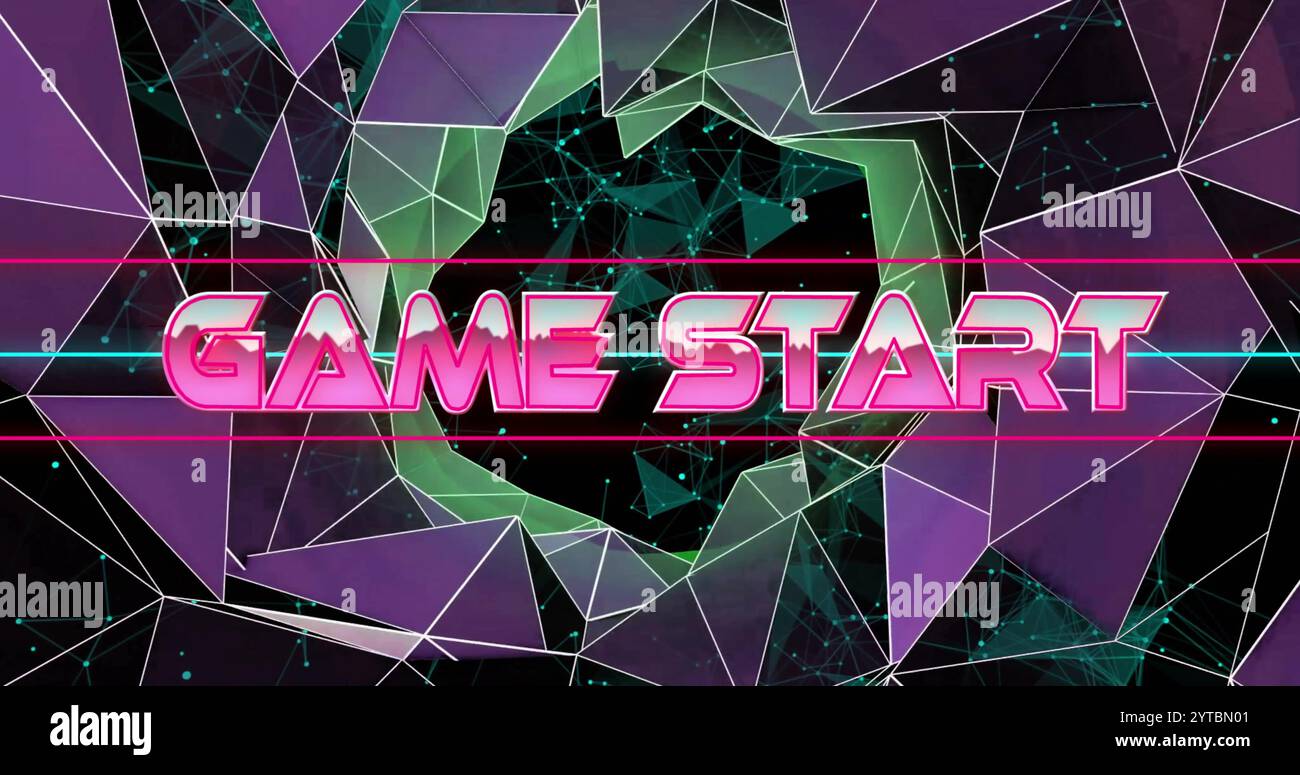 Game Start text image over digital network connections on dark background Stock Photo