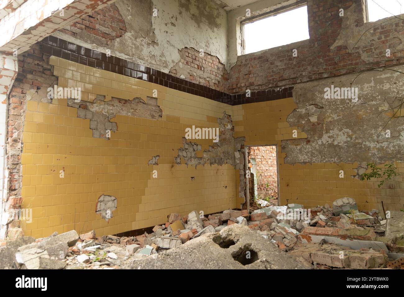 The ruins of building in old soviet army base in Latvia, Europe. Collapsed house. Stock Photo