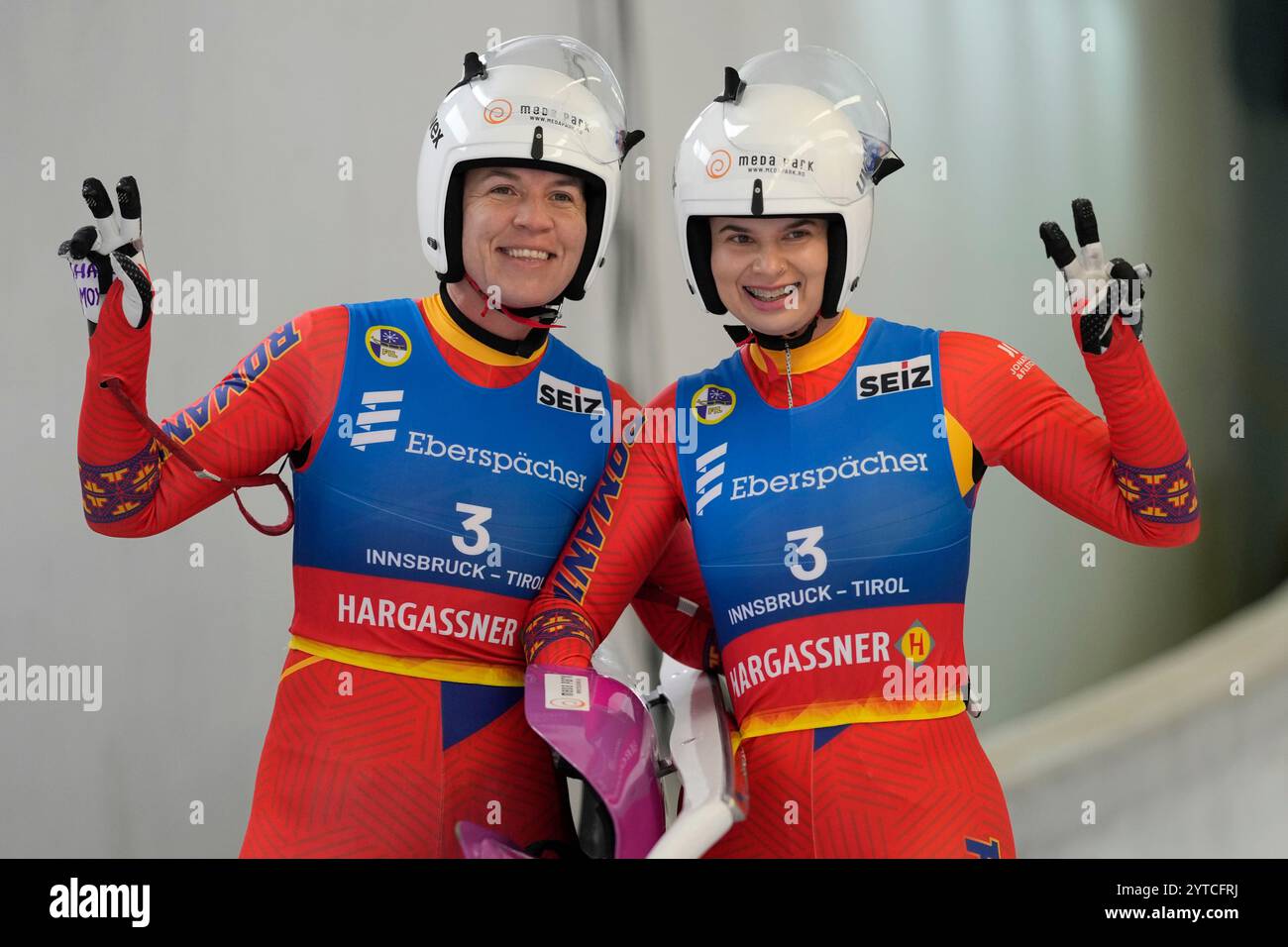 Raluca Ralce Raluca Stramaturaru and Mihaela-Carmen Manolescu of Romania pose after ...
