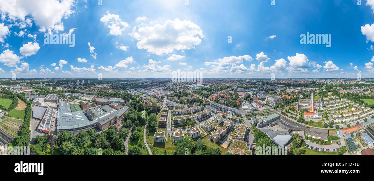 Ausblick auf Augsburg rund um das Textilviertel im Osten der Stadt in Schwaben Augsburg im Luftbild, 360 Grad Rundblick über die Stadt rund um Augsbur Stock Photo