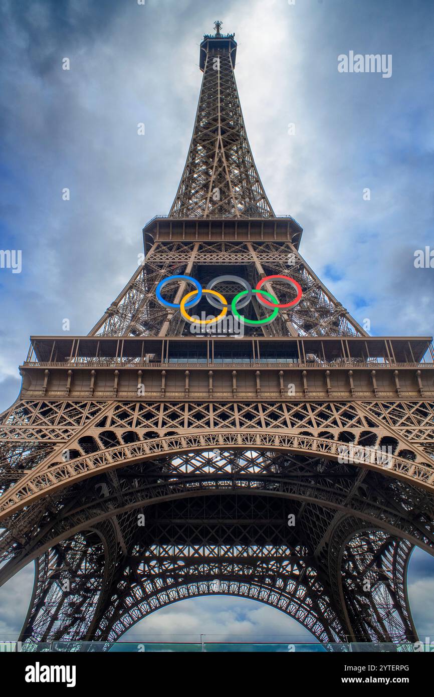 Close up of the intricate Eiffel Tower wrought iron lattice work , The Eiffel Tower is the most visited paid monument in the world , Paris ,France Stock Photo