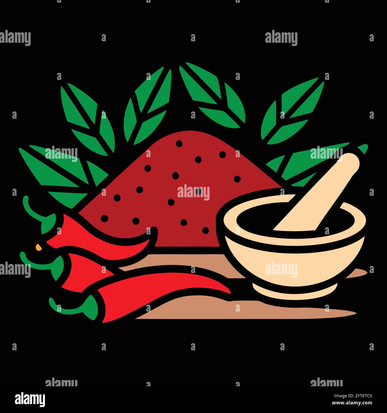 Chili Powder and Red Peppers with Mortar and Pestle Vector Illustration ...