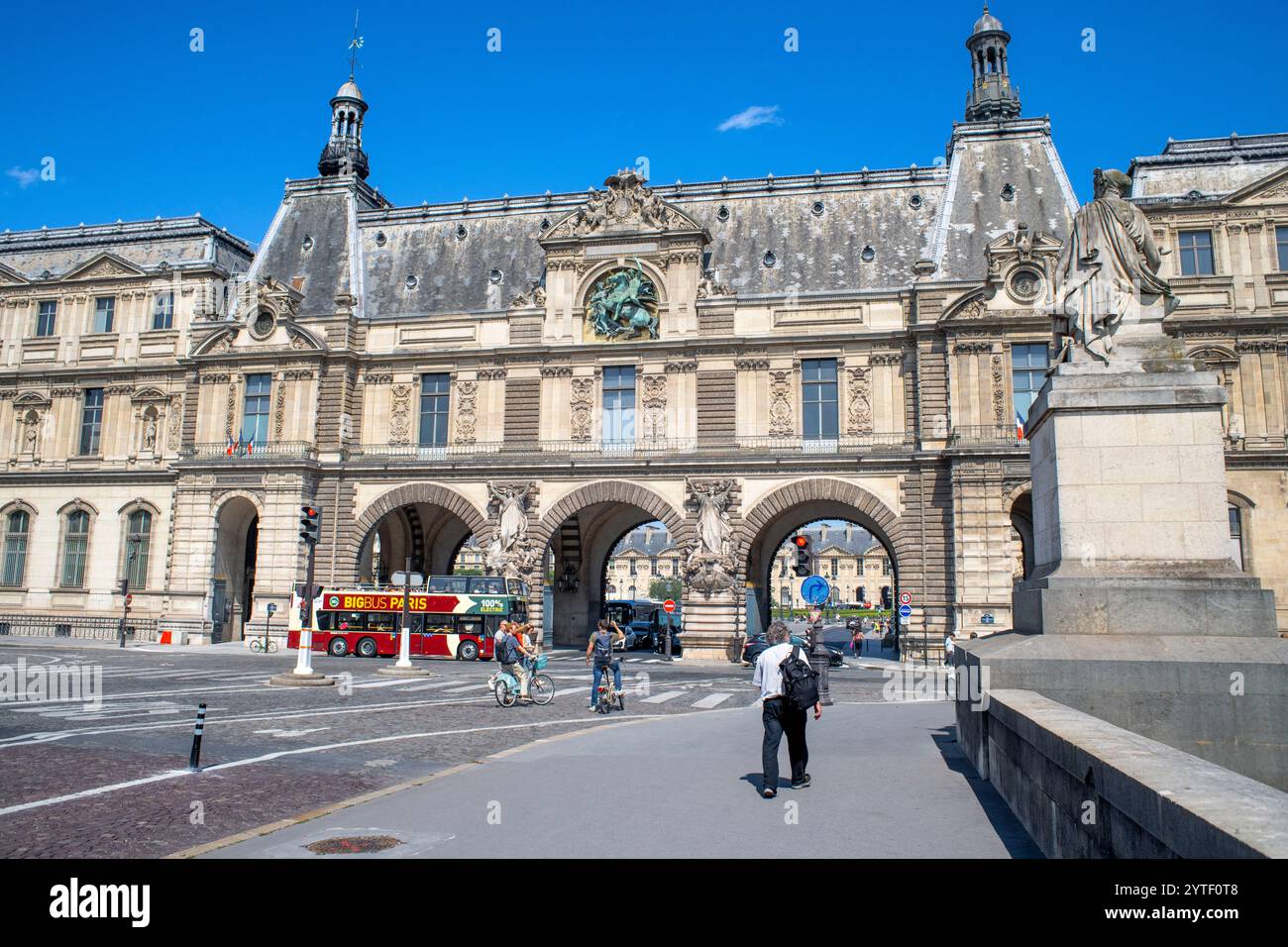 Pont du Carrousel, Seine River, and Musee du Louvre. Built in the 20th century to replace the original 19th century structure, Louvre Palace, Paris, F Stock Photo