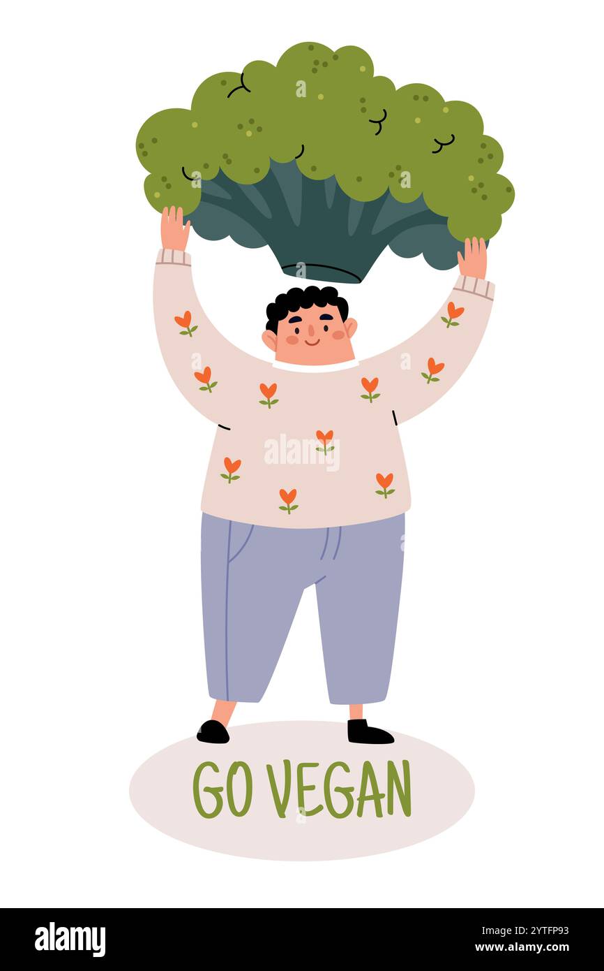 Go Vegan. Cute character holding a big broccoli. Modern minimalist illustration in Scandinavian style. Stock Vector