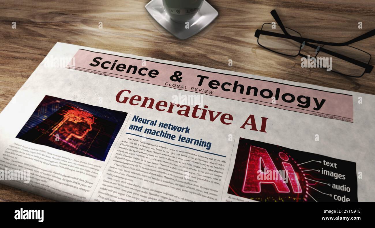 Generative AI artificial intelligence daily newspaper on table. Headlines news abstract concept 3d illustration. Stock Photo