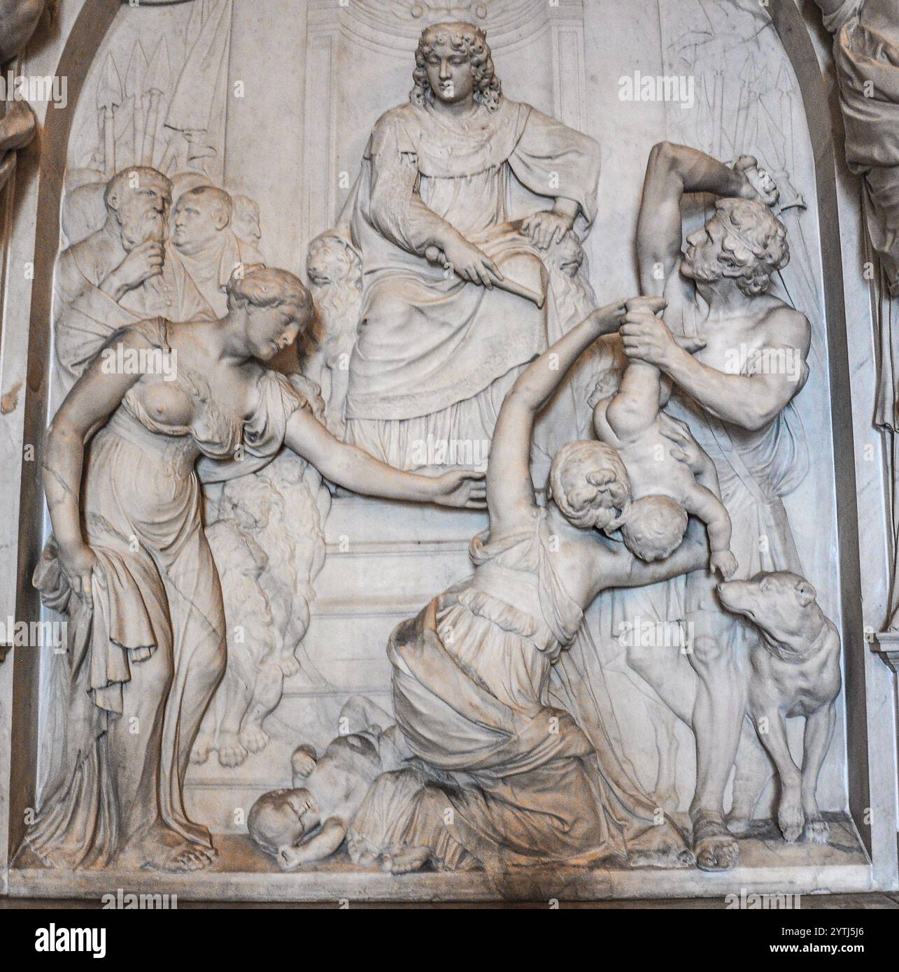 The Vierschaar or the Judiciary in the Royal Palace on Dam square of Amsterdam: Reliefs representing impartial sentence of the Biblical King Solomon Stock Photo