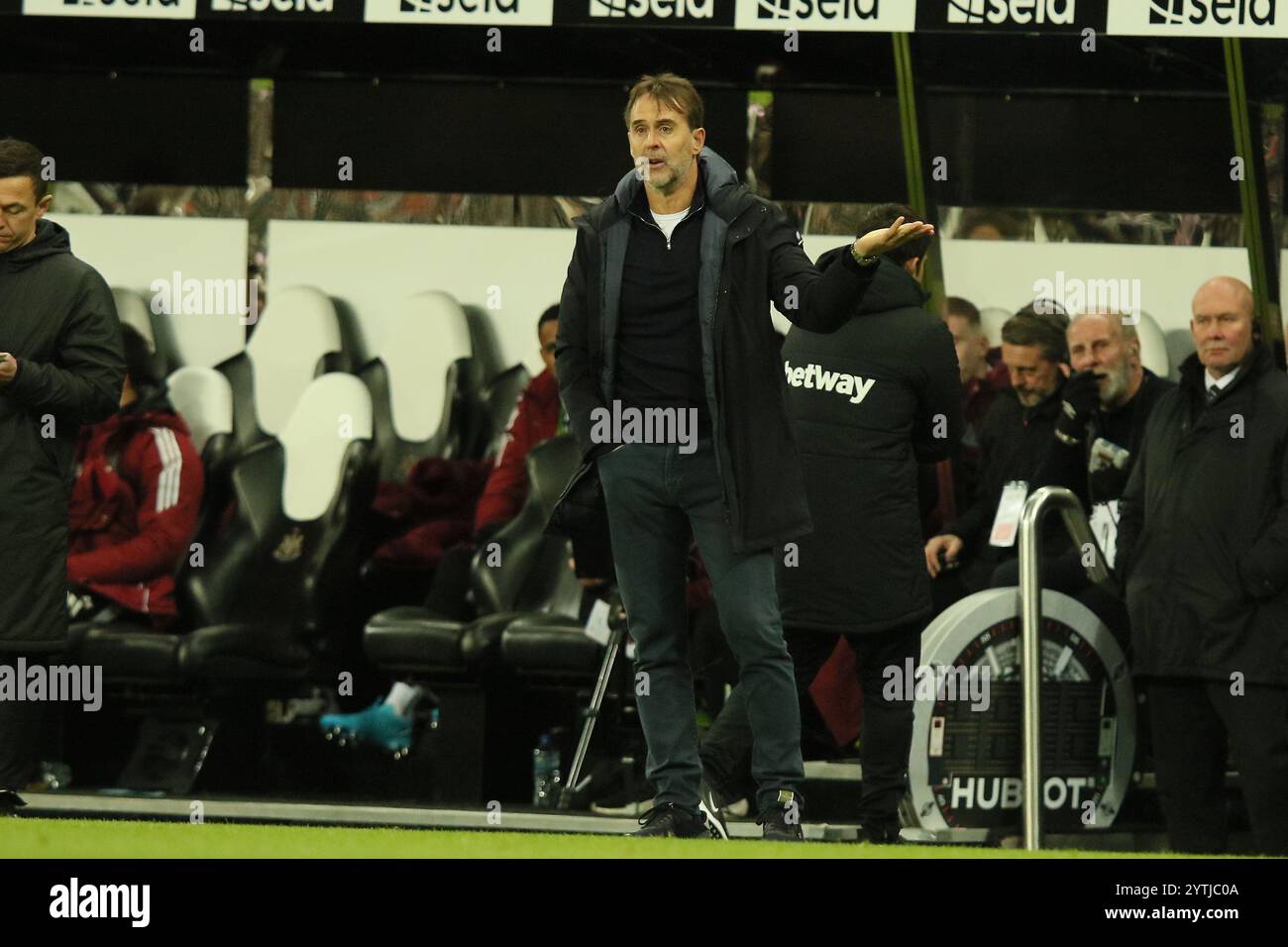 Manager of West Ham, Julen Lopetegui receives a yellow card  - Newcastle United v West Ham United, Premier League, St James' Park, Newcastle upon Tyne, UK - 25th November 2024 Editorial Use Only - DataCo restrictions apply Stock Photo