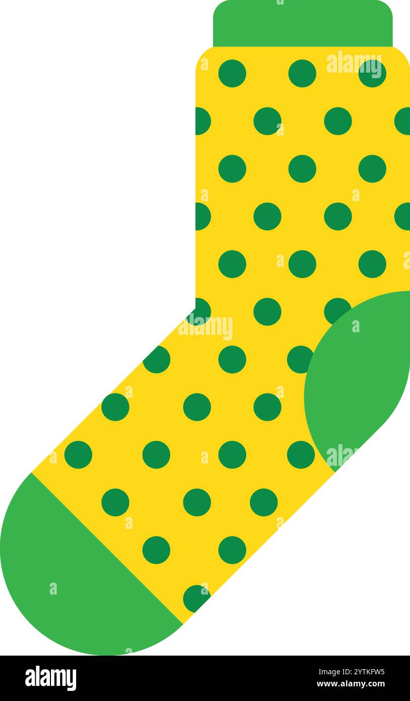 Bright yellow sock adorned with vibrant green polka dots and playful cuffs, capturing the festive spirit of saint patrick s day while celebrating Stock Vector