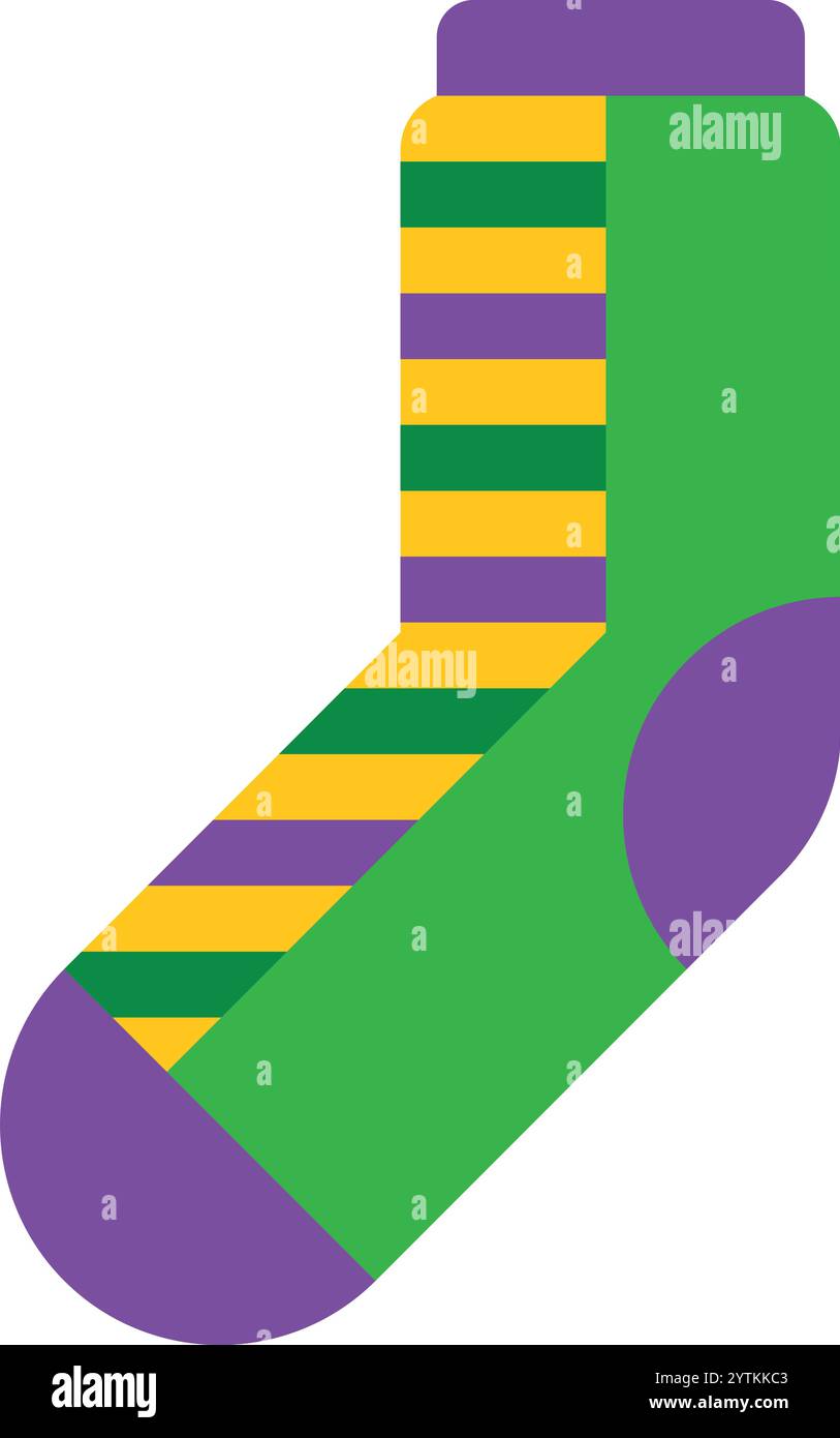 Colorful mardi gras sock showcasing traditional purple, green, and gold stripes, capturing the vibrant energy of the new orleans carnival celebration Stock Vector