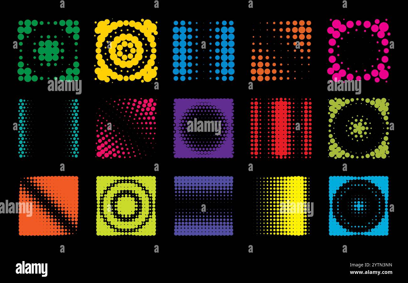 Vibrant halftone patterns in various colors are arranged in a grid ...