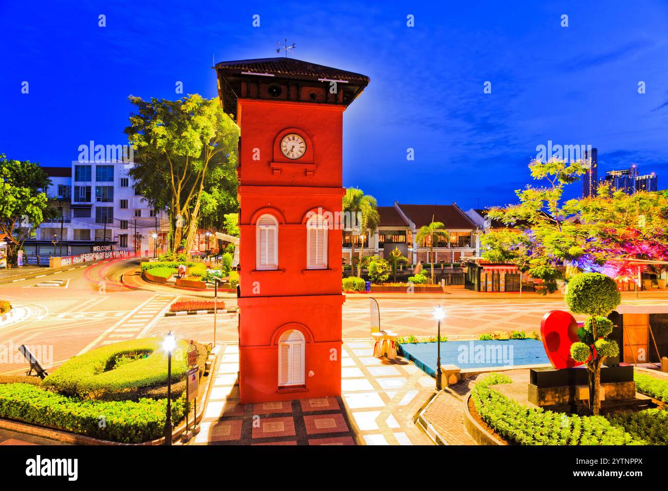 Sunrise in Melaka historic city of Malaysia at the Red Dutch square around red clock tower. Stock Photo